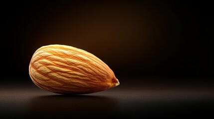 An isolated almond gleams under a soft light against a smooth, dark surface, highlighting its intricate texture and inviting a sense of calm and sophistication.