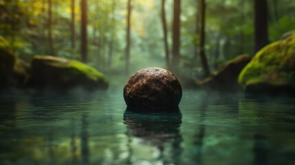 A captivating brown sphere emerges from misty waters, surrounded by lush green foliage, creating an atmosphere of secrets and the allure of discovering nature's hidden gems.