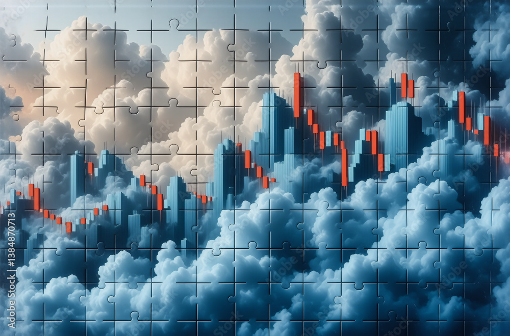 Aufkleber Cloud puzzle with red graph lines overlay, representing financial data trends, with a cloudy sky backdrop.