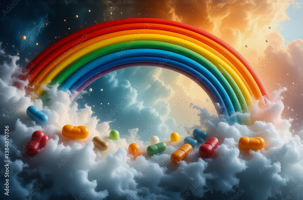 Poster a vibrant rainbow arches across a cloudy sky, with colorful candies scattered on fluffy white clouds
