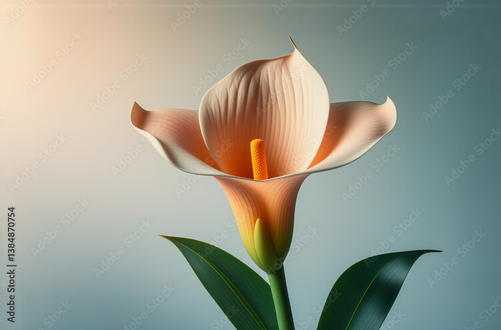 Poster elegant calla lily with soft peach petals and a vibrant yellow spadix, against a gentle gradient bac