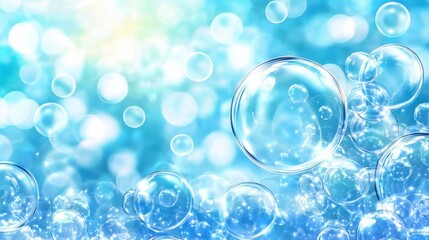 Sparkling Bubbles Floating In A Bright Blue Background With Soft Light Reflections