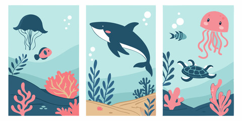 Fototapeta premium Cute Cartoon Underwater Sea Animals Illustration Jellyfish Orca Turtle Fish Coral Seaweed Marine Life Vector Design for Childrens Book Wall Art Nursery Prints