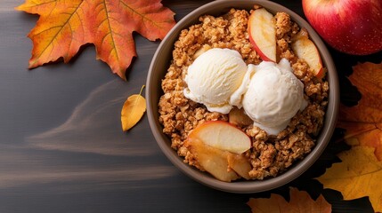 This visually appealing bowl of warm apple crisp is lavishly topped with ice cream, capturing the essence of comforting desserts perfect for any autumn celebration.