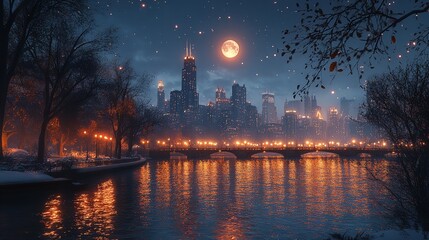 Enchanting winter cityscape at night a full moon above Chicago s skyline reflected in calm waters snow covered trees and