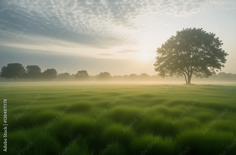 Poster serene misty landscape. a lone tree stands in a grassy field at dawn. soft sunlight filters through 