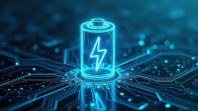 Glowing battery with lightning bolt symbol on a circuit board in a blue futuristic design style