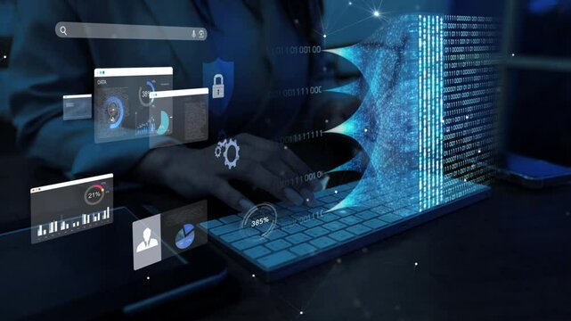 woman analyst uses a computer AI artificial intelligence and dashboard for data business analysis and Data Management System with KPI and metrics connected to the database for technology finance,

