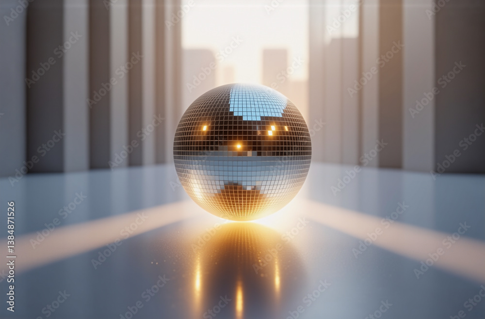 Poster A shiny sphere reflects light in a corridor, casting a warm glow on the polished floor. The background is blurred, creating a sense of depth and focus on the central object.