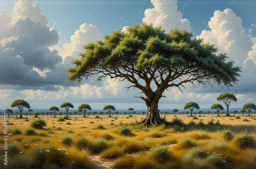 Poster Vast savanna scenery featuring a large tree in the foreground with smaller trees receding into the distance under a bright cloudy sky.