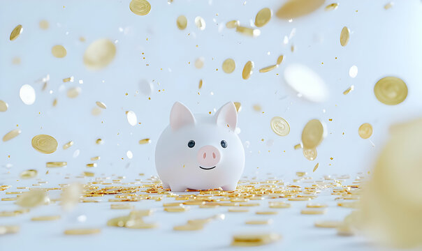 Piggy Bank Surrounded by Gold Coins for Savings and Investments