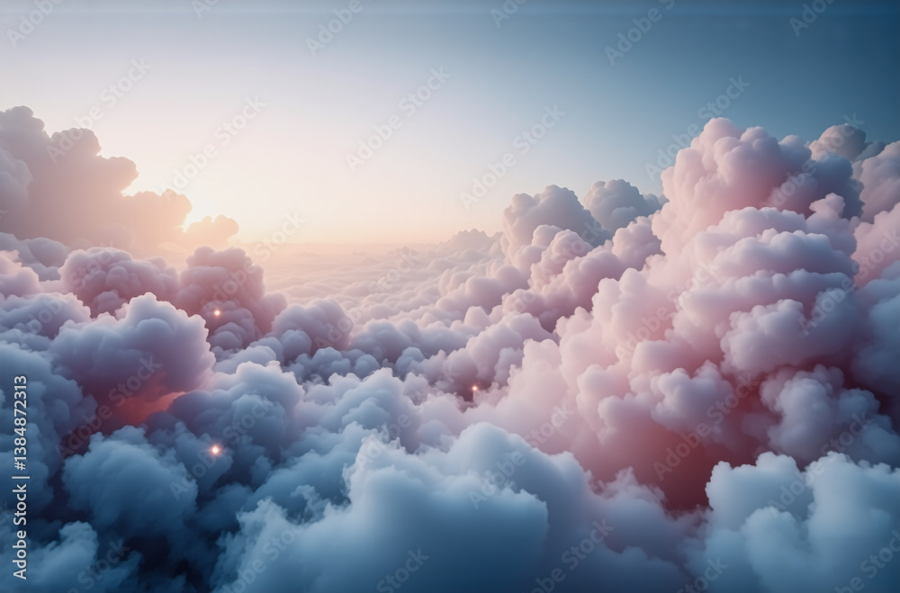 Poster aerial view of fluffy clouds at sunset, with soft pink and orange hues casting a warm glow over the 