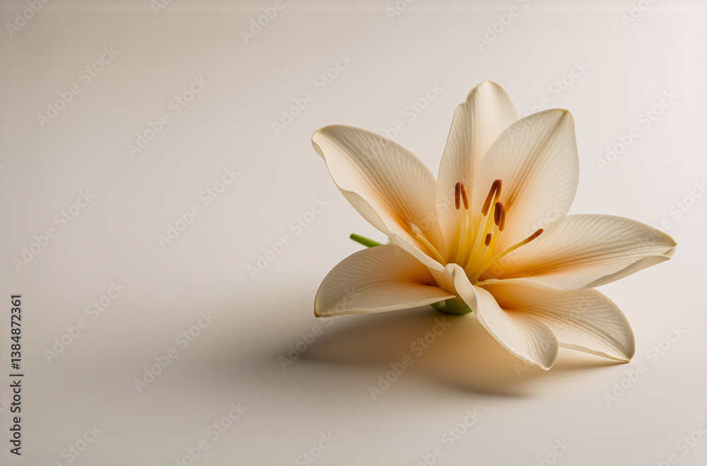 Aufkleber A soft cream lily with a yellow center rests on a light surface. Delicate petals are gently illuminated, creating a simple, elegant floral image.