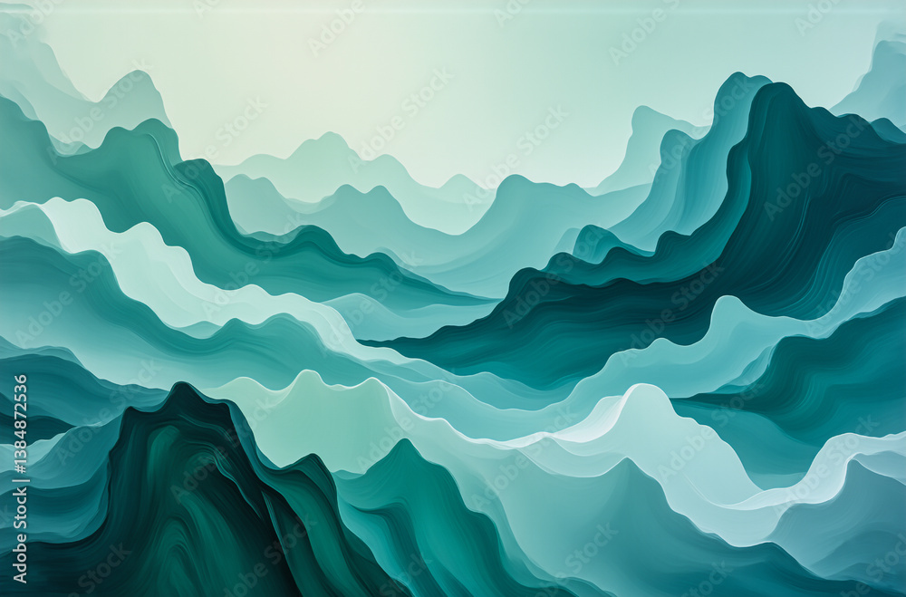 Aufkleber Abstract teal and blue mountains cascade across the canvas, creating a serene and dreamlike landscape. Layers of color evoke depth and tranquility.