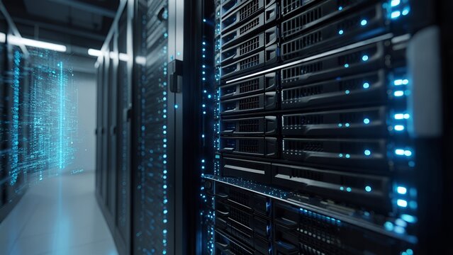 A high-tech server room with illuminated data racks and a digital overlay.