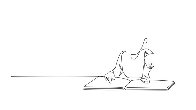 Animation of single one line drawing the boy prone and reading a book with his cat. Seeing a picture of a cat in a book. Attracts attention. Together. National Pet Day. Full length motion