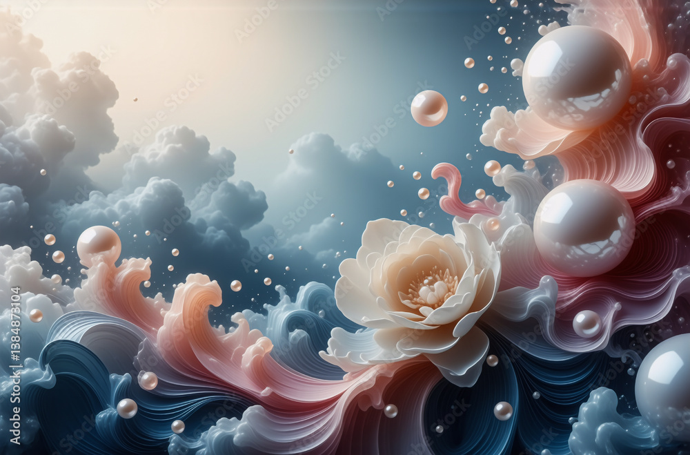 Poster ethereal floral scene featuring pearls and soft, wave-like clouds. gentle light and pastel hues crea