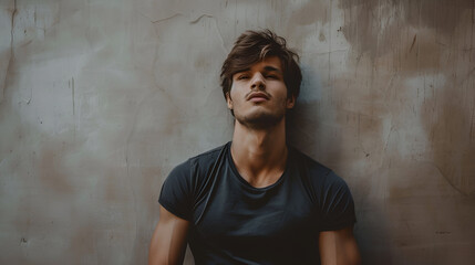 Fototapeta premium Leaning Man: Portrait Photography, Rugged Male Model, Dark T-Shirt, Concrete Wall Background