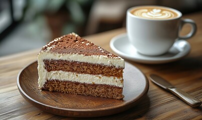 Delicious slice of tiramisu cake served with coffee in cozy caf&Atilde;&copy; setting