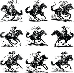 Fototapeta premium Silhouettes of black and white horses in a dynamic set of illustrations representing sports and movement