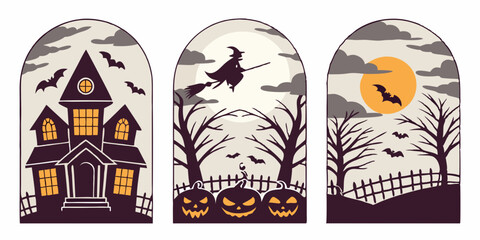 Spooky Halloween Arched Frames: Haunted House, Witch, Moon, Pumpkins, Bats Vector Art