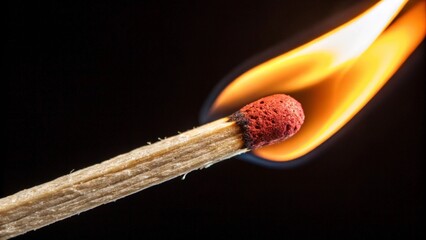 Fire Flame of Burning Lit Match Matchstick on Clean Black Background, Macro Close-up