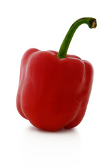 Vibrant red bell pepper resting gracefully on a pristine white surface with a gentle light highlighting its curves