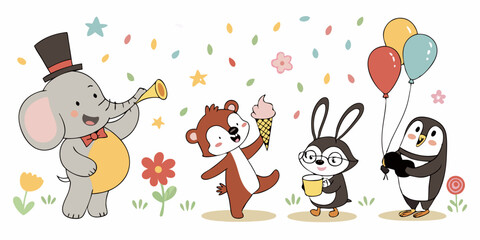 Naklejka premium Adorable Cartoon Animals Birthday Party: Elephant, Bear, Rabbit, Penguin Celebrating with Balloons, Ice Cream, Trumpet, Top Hat, Glasses, Coffee Mug, Flowers, and Colorful Confetti