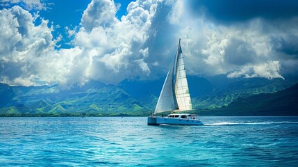 A tranquil sailing scene with a yacht gliding over blue waters, surrounded by majestic mountains and vibrant skies.