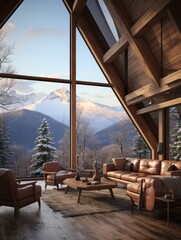 Interior view of a wooden cabin with a large window overlooking a snowy mountain landscape in winter