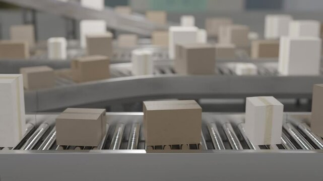 Conveyor with many cardboard boxes. Package delivery concept. 3D rendered animation.