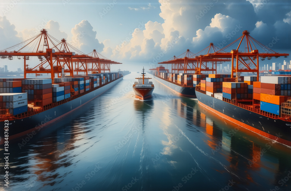 Poster cargo ship in a waterway is being loaded with containers by large cranes, with a city skyline visibl
