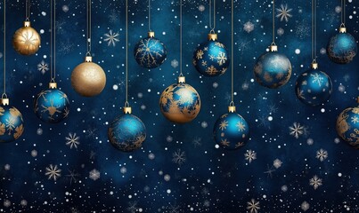 Elegant blue and gold Christmas ornaments hanging against a snowy background