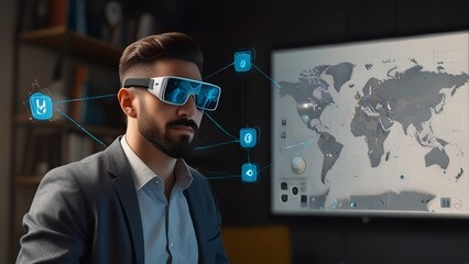 a man using augmented reality technology in a business environment
