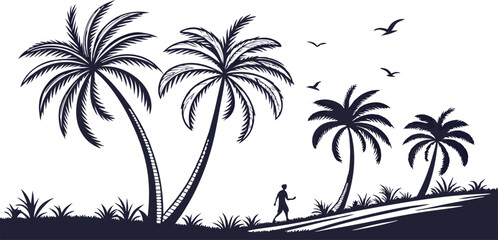 Tropical Palm Retreat: A Serene Landscape with a Path, Birds, and Majestic Trees under a Peaceful Sky