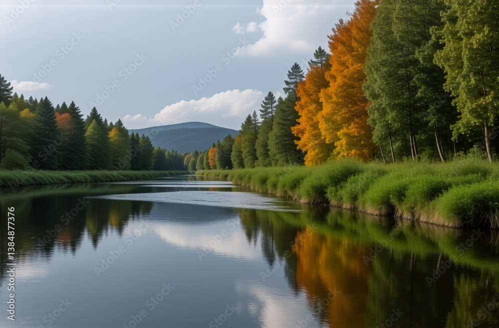 Poster peaceful river flows through autumn forest. fall foliage reflects in water under clear sky, with tre