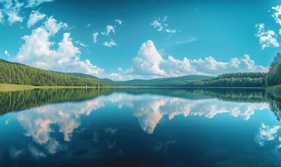 Serene lake landscape reflecting clouds and forest under clear blue sky