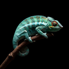 Obraz premium Turquoise Panther Chameleon on Dark Branch, Studio Shot