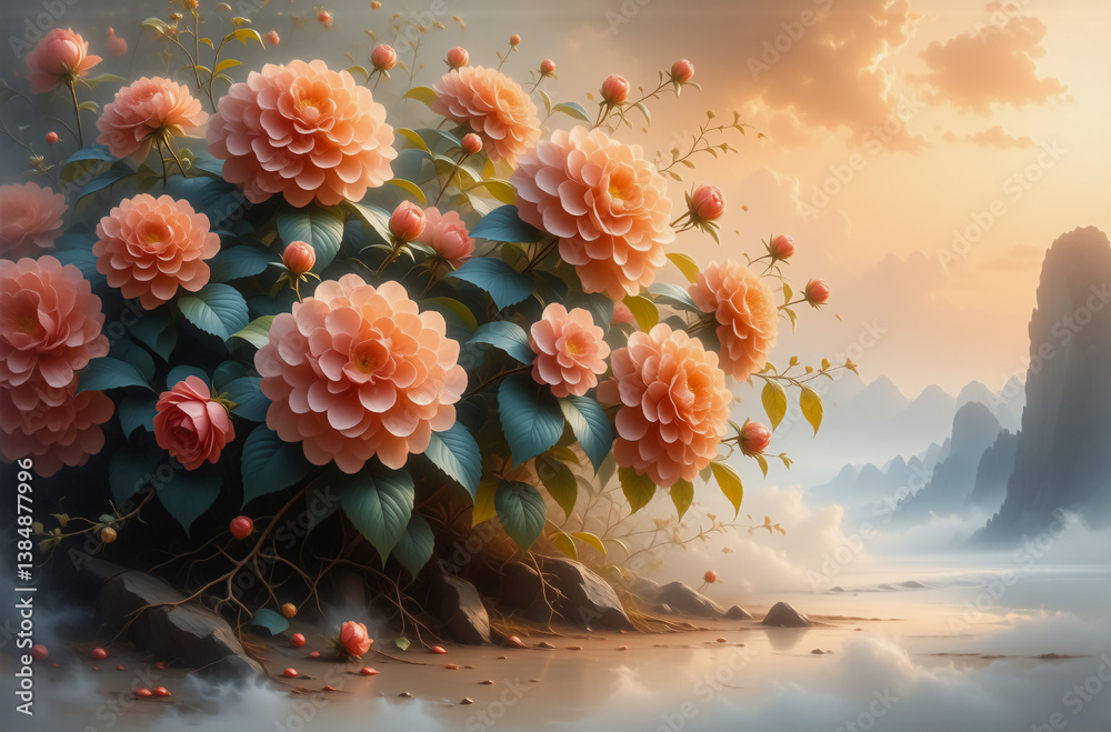 Aufkleber dreamy floral scenery with peach blossoms and lush green leaves in the foreground. misty mountains a