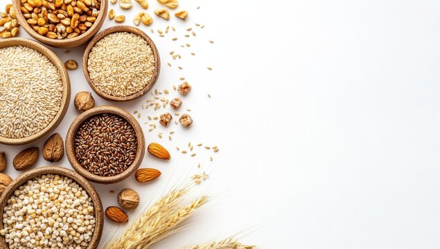 Variety of whole grains and seeds in wooden bowls.  A healthy and nutritious selection of different types of grains and seeds.  Perfect for a balanced diet, breakfast, or snack