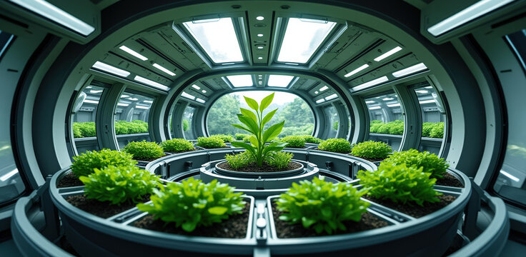 Innovative space exploration technology showcases futuristic greenhouse filled with vibrant green plants thriving in controlled environment