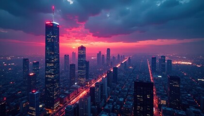 Fototapeta premium Distressed cityscape at dusk with skyscrapers and neon lights, night sky, neon lights