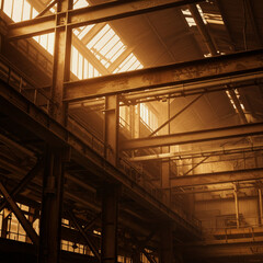 Industrial warehouse interior with sunlight streaming through  