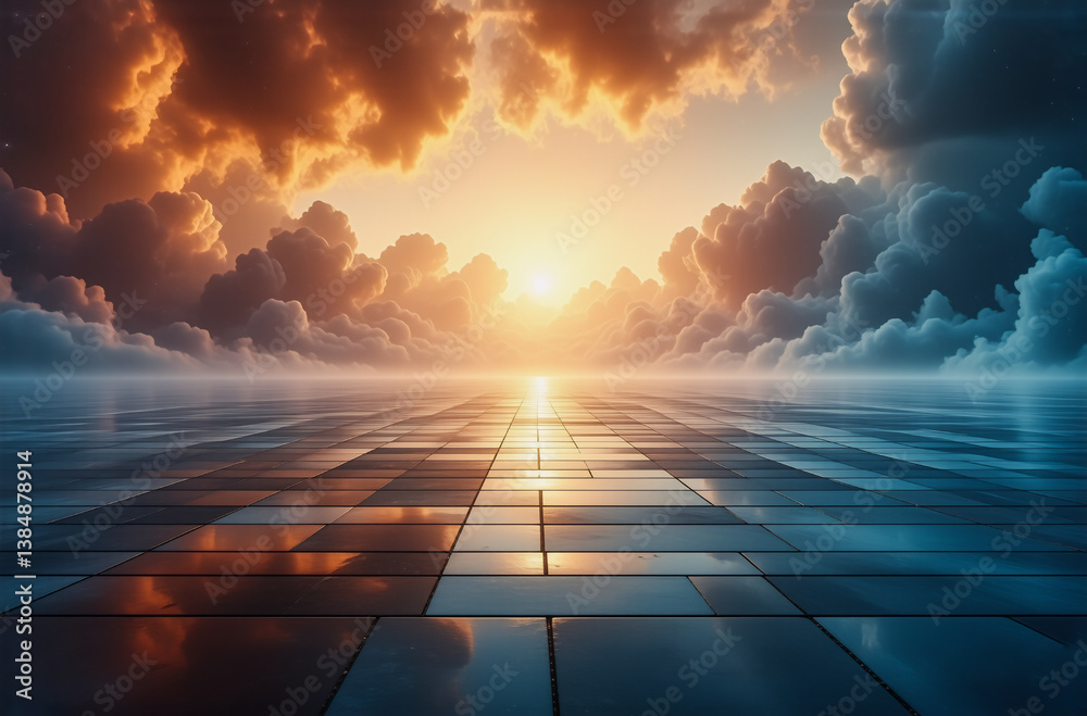 Poster a stunning horizon view with a vibrant sunset illuminating dramatic clouds. the sky reflects on a sl