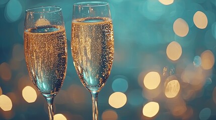 Two champagne flutes filled with bubbly and twinkling lights