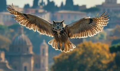 Fototapeta premium Majestic owl in flight over ancient cityscape with historical architecture