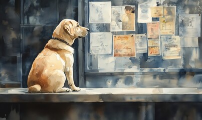 Loyal dog waiting by bulletin board with lost pet notices and community announcements