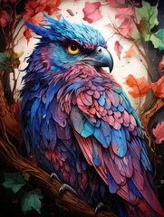 Obraz premium A colorful artistic owl perched on a tree branch with leaves in the background illustration style