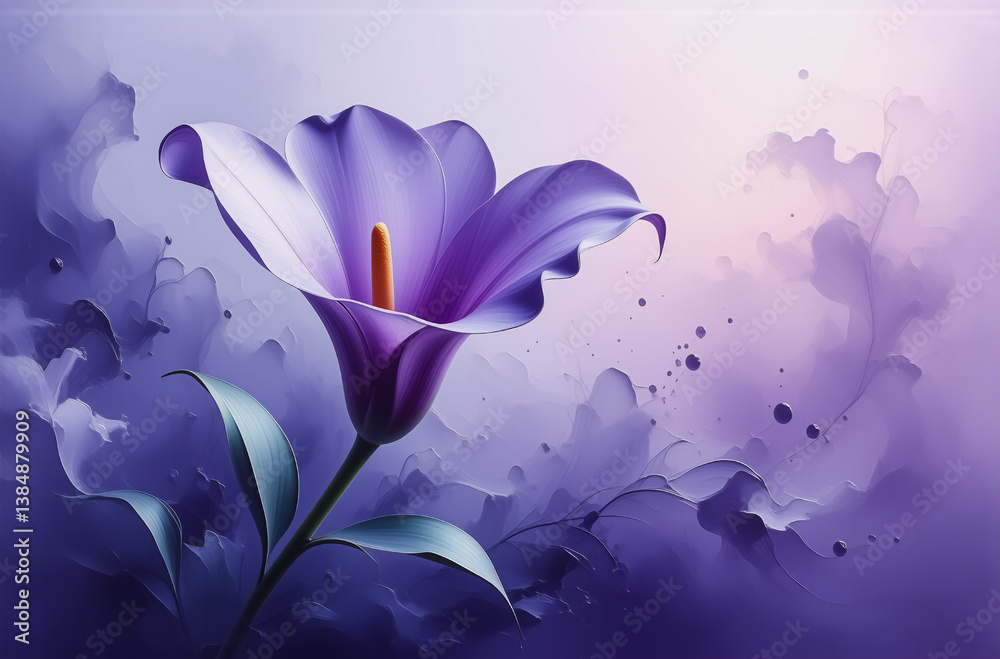 Aufkleber a single purple flower with green leaves is centered on a soft purple and white gradient backdrop, c