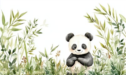 Cute panda illustration surrounded by lush greenery and bamboo leaves
